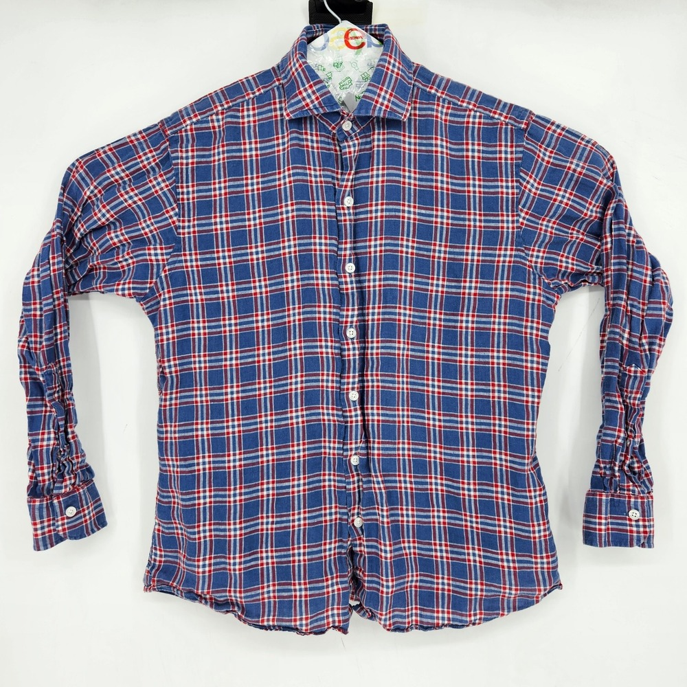 Men's Blue Red Plaid Button-Up Shirt